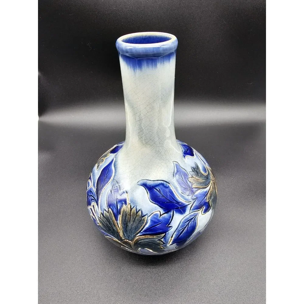Antique‎ Doulton Lambeth Vase 1881 Signed By Louise E Edwards Cobalt Floral